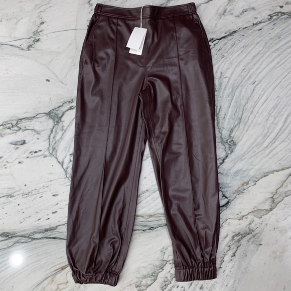 Hugo Boss Faux Leather Jogger Pants Dark Red Womens Size 8 Elastic Waist - Picture 1 of 13